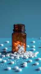 A clear bottle filled with white pills sits atop a blue table, some pills spilling out.