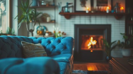 A living room featuring a blue couch and a fireplace.