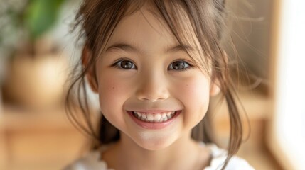 A young girl smiling joyfully, her face radiating happiness and innocence.
