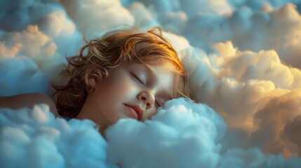 A small child peacefully sleeps amidst fluffy clouds in the sky.