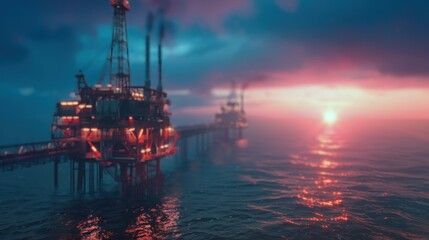 A tall oil rig stands in the middle of the ocean. The platform is used for drilling for oil, with machinery and pipes visible. The sunset reflects on the water.