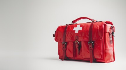 A red bag with a white cross, resembling a first aid kit, placed on a white background. - Powered by Adobe