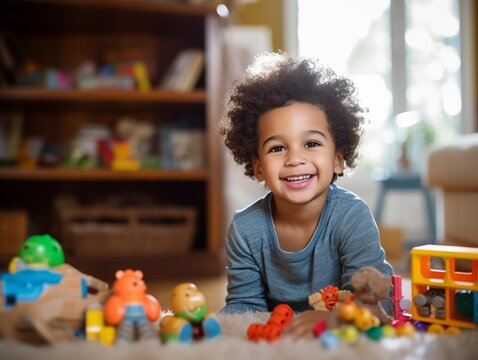 A Young Boy Smiles While Playing with Toys at Home