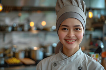 Malay woman wearing chef uniform in luxury hotel restaurant kitchen