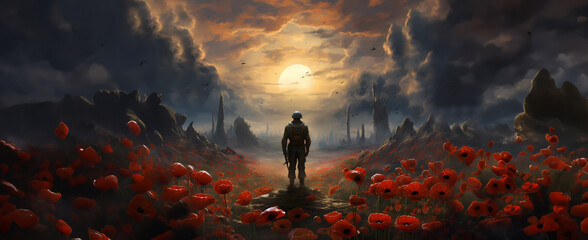 Remembrance day, soldier and poppies, digital art, printable illustration