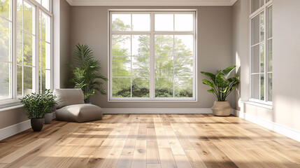 Bright empty room with hardwood floors, large windows, and green plants in pots