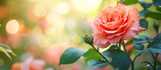 A pink rose is blooming in a garden, surrounded by greenery and other plants. The petals are opening up beautifully under the sunlight, showcasing the delicate details of the flower.
