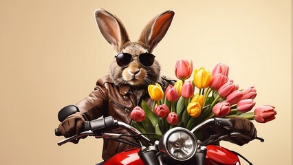 Easter rabbit biker on a motorcycle with tulips on beige background