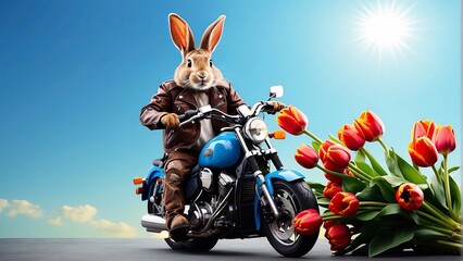 Easter rabbit biker on a motorcycle with tulips on blue background
