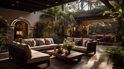 An outdoor sanctuary with warm sand and deep mahogany patio furniture - obrazy, fototapety, plakaty
