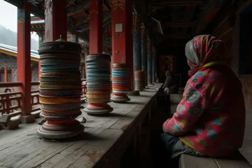 Fotobehang A Tibetan Buddhist spinning prayer wheels in a mountain monastery, symbolizing the continuous flow of prayers. © Adrin