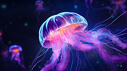 Naklejka premium neon jellyfish on the ocean floor, Marine life