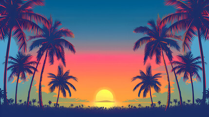 A panoramic view of a golden sunset behind swaying palm trees against a gradient blue sky, evoking a nostalgic summer vibe