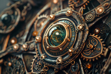 A close up on a steampunk wizards intricate amulet each gear and cog imbued with ancient magic ready to unleash its power - obrazy, fototapety, plakaty