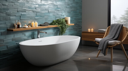 Modern bathroom interior with freestanding bathtub, candles. Elegant design stone wall glossy floor
