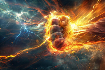 A powerful punch captured with dynamic special effects energy radiating from the impact point