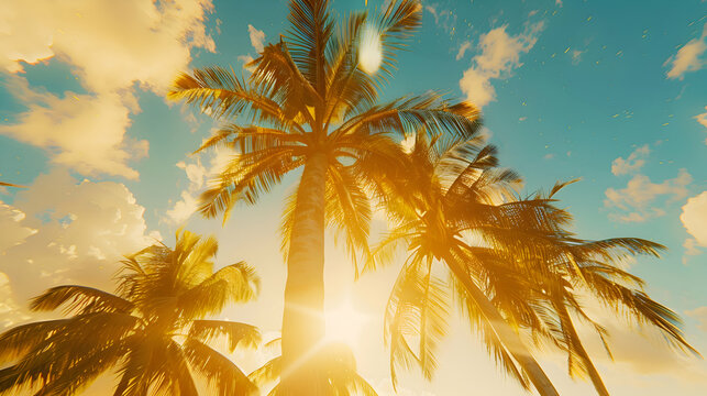 A panoramic view of a golden sunset behind swaying palm trees against a gradient blue sky, evoking a nostalgic summer vibe