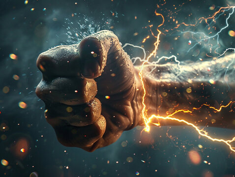 A punch illuminated by special effects lightning showcasing the power and speed of the strike