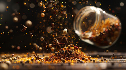 Photography of a frozen shot of a spice jar spill with spices suspended in air studio light - obrazy, fototapety, plakaty