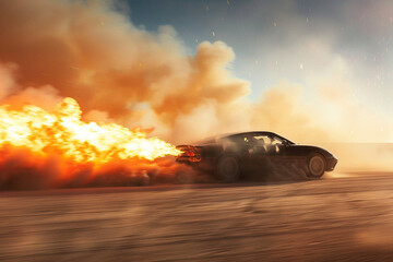 The launch of a car equipped with rocket boosters leaving a trail of fire and smoke as it accelerates