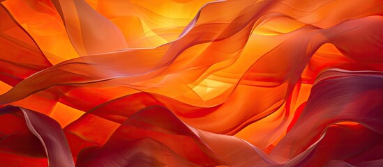 A close-up view revealing the intricate patterns and textures of vibrant red and orange fabric, resembling fiery ribbons catching the early morning light. The colors are rich and bold, creating a - obrazy, fototapety, plakaty
