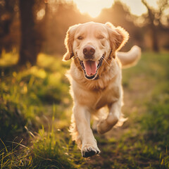 Happy golden retriever dog running in the park, joyful spring atmosphere,beautiful spring weather, walk with the dog