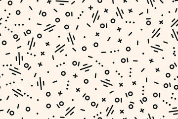 Funky vector minimal seamless pattern. Simple black and white texture in hipster memphis style. Stylish modern minimal monochrome background with small abstract geometric shapes. Repeated geo design