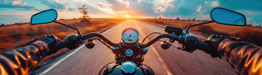 open road, the motorcyclist embraces the exhilarating freedom of the journey. With the powerful roar of the motorcycle engine and the wind rushing past - obrazy, fototapety, plakaty