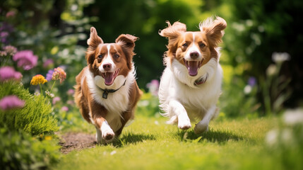 two dogs running around in the garden with their long ears flipping, tongs hanging out