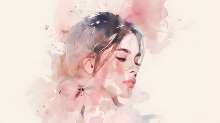 Abstract Watercolor Woman Portrait with Floral Elements