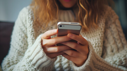 Woman in Cozy Sweater Texting on Smartphone