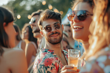 young people in a party with glasses in hand, summer vibe outdoor festive gathering