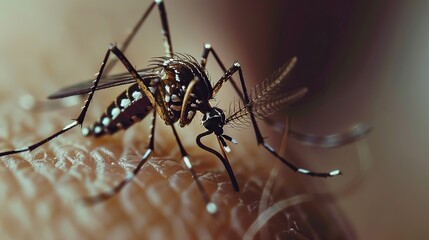 A tiger mosquito sits on a person's skin and bites him, blood is visible,  concept Mosquito-borne disease, Medicines against bites, Allergy, blureed background
