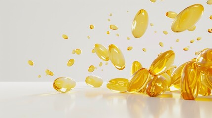 Omega-3 fish oil capsules scattered on a reflective surface with white background, cholesterol management, joint health, preventive healthcare, pharmaceuticals