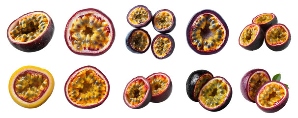 Passion fruit set PNG. Set of passion fruits different views isolated. Passion fruit PNG. Purple passion fruit top view PNG. Passion fruit flat lay PNG. Tropical fruit passion fruit isolated