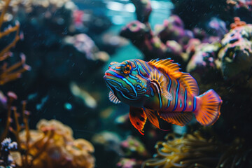 colorful mandarin fish with coral