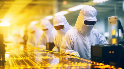 workers in protective suits in a Chinese semiconductor factory. Quality control deportment.