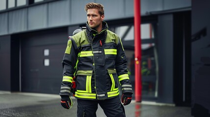 Obraz premium firefighter in uniform standing confidently in front of a fire station, day time. Concept firefighters on the workplace, safety, security