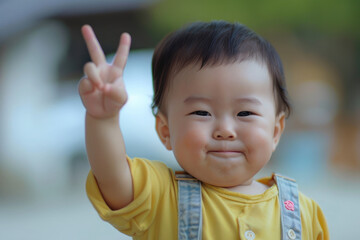 cute baby making a victory sign
