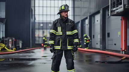Portrait of professional firefighter wearing reflective gear and Fireman's helmet, posing outside of their station, Concept firefighters on the workplace, safety, security
