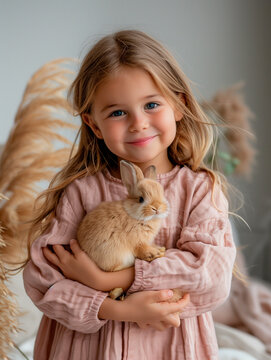 little girl with rabbit on his arms and isolated white background