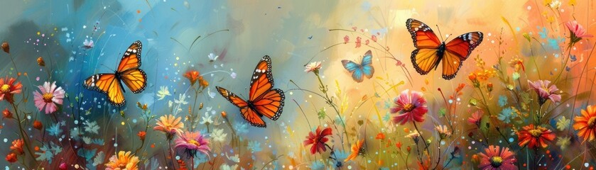 nature's canvas, butterflies flutter gracefully among the blossoms, their delicate wings a mesmerizing spectacle against the backdrop of a summer meadow - obrazy, fototapety, plakaty