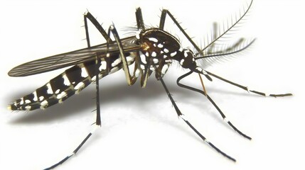 Close-up of a tiger mosquito with detailed wings and legs on a white background, concept Mosquito-borne disease. Allergy.