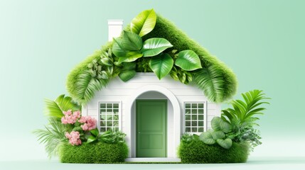 Symbol of an eco-friendly home - small white house covered in greenery and flowers