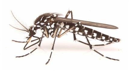Close-up of a tiger mosquito with detailed wings and legs on a white background, concept Mosquito-borne disease, Medicines against bites., Allergy, 