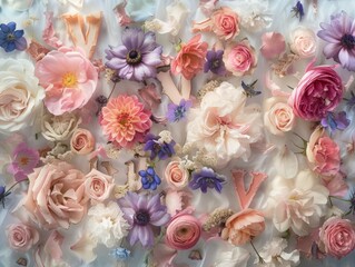 Top view of a floral mix with roses, dahlia, and anemones in soft light, concept background for parfume