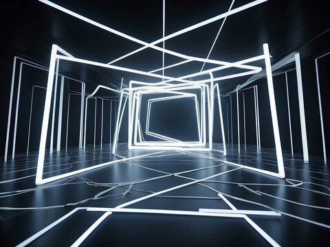 abstract architecture background: dark room with glowing white lines 