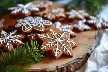 Fototapeta na wymiar Traditional Iced Gingerbread Christmas Cookies with Snowflake and Star Decorations