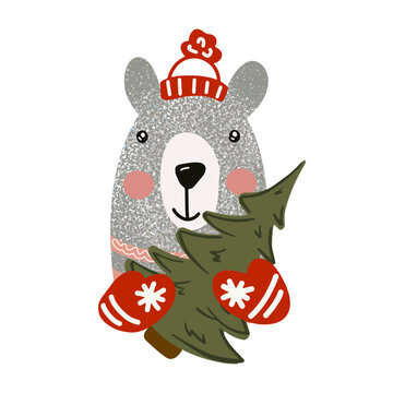 Christmas bear with tree, template for new year card