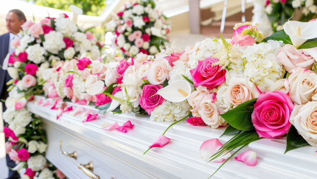 Close-up of a bouquet of flowers on a white coffin at a funeral